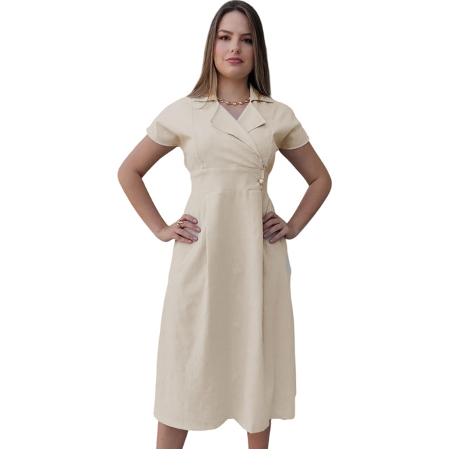 Vestido Midi Transpassado Evangélico Rodado Manga Elegante