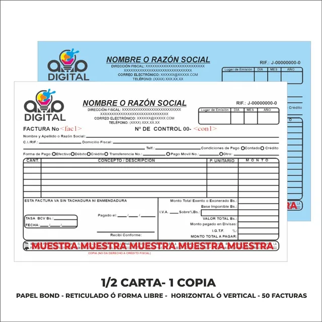 Talonario Media Carta En Papel Bond Color Original Y 1 Copia