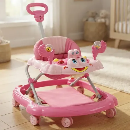 Andador Infantil Com Empurrador Interativo Musical Bebê Rosa