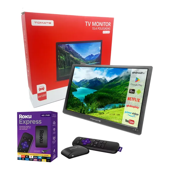 Tv Digital Portátil 15.4pol Kit Smart Roku Tv 12v Veicular