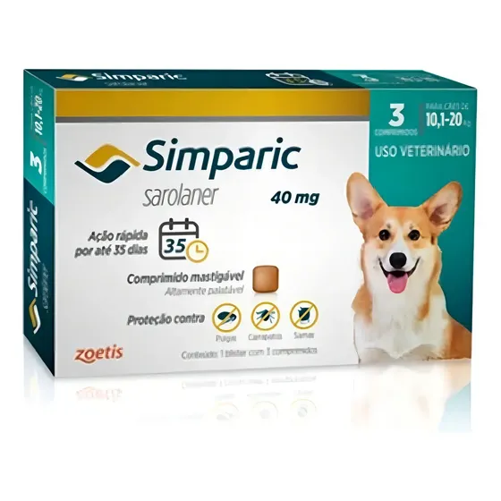 Simparic 40mg Antipulgas e Carrapatos para Cães 10-20kg 3 Comprimidos Zoetis