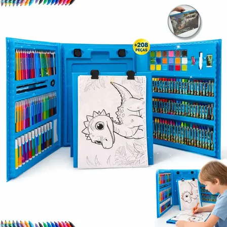 Estojo Maleta 208 Peças Pintura Dinossauro Escolar Infantil Amorelância Verde