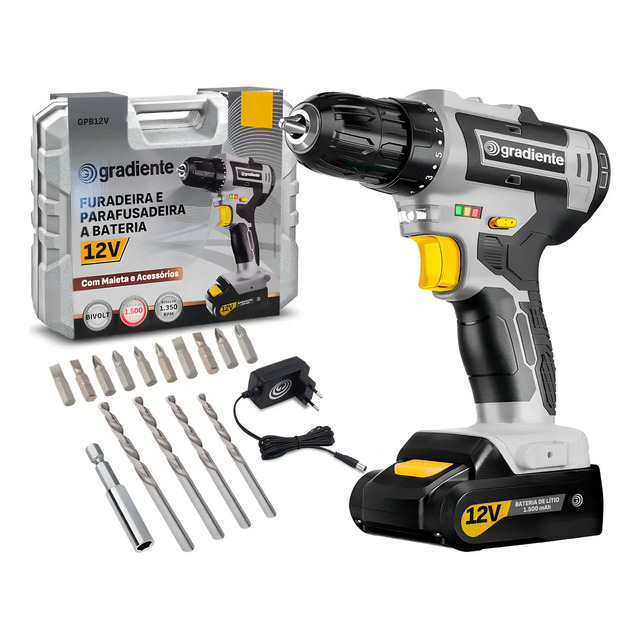 Parafusadeira Furadeira Sem Fio Bateria 3/8 12v Bivolt Para Madeira Metal Gradiente 110v/220v Cinza/preto 50hz/60hz