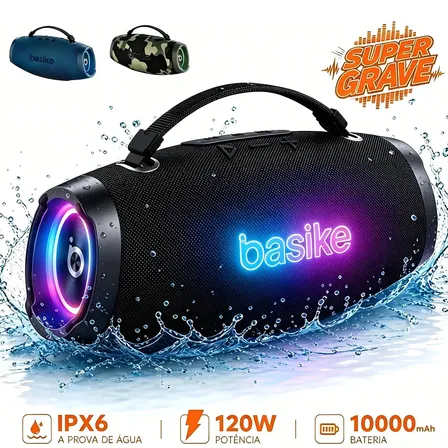 Basike Caixa Som Bluetooth 120w Boombox Partybox Portátil Tws Bass Boost Ipx6 10000mah Usb Pendrive Eq Estéreo Hifi Rgb Microfone Powerbank Aux Tf Subwoofer Para Festa Churrasco Praia Viagem Preto