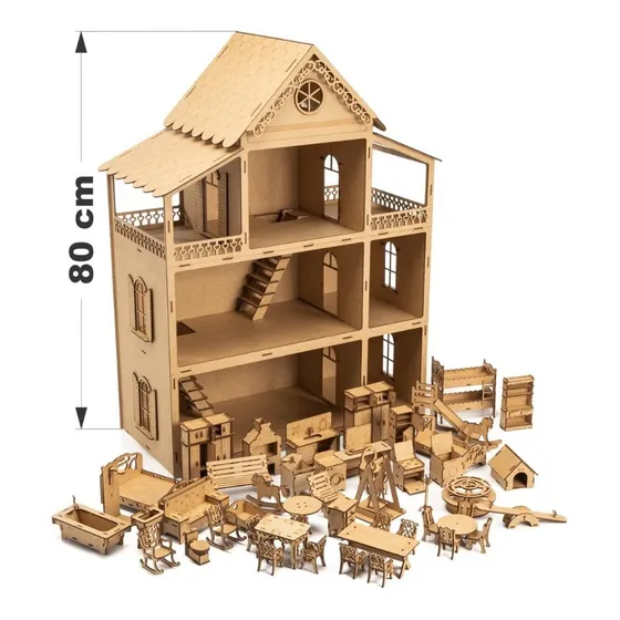 Casinha De Bonecas Mdf 80cm + Kit 52 Móveis Desmontados