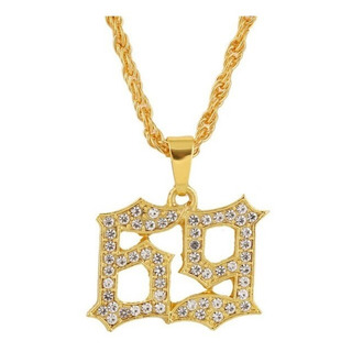 Collar 69 Dorado Cristales Incrustados Estilo Hip Hop Unisex Collar 69 Dorado Cristales Incrustados Estilo Hip Hop Unisex