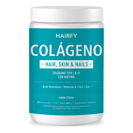 Colágeno Hairfy Hair Skin & Nails  Con Biotina Ácido Hialurónico y Zinc en pote de 360 gr Sabor Cítrico en Frasco 