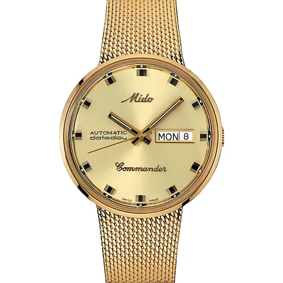 Estojo de relógio masculino Mido Commander 1959, pulseira dourada, cor dourada, moldura, cor de fundo dourada