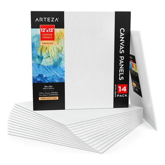 Paneles de Lienzo Arteza Canvas Panels Premium 12x12 Pulgadas Juego de 14 Piezas Algodón 100% Preimprimados Base Firme MDF Para Pintura Acrílica Óleo Gouache y Témpera