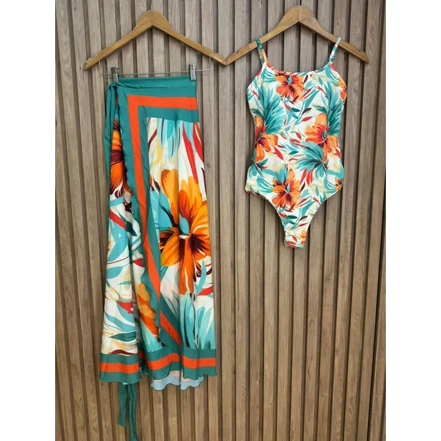 Kit Conjunto Body Maiô + Páreo Saída De Banho