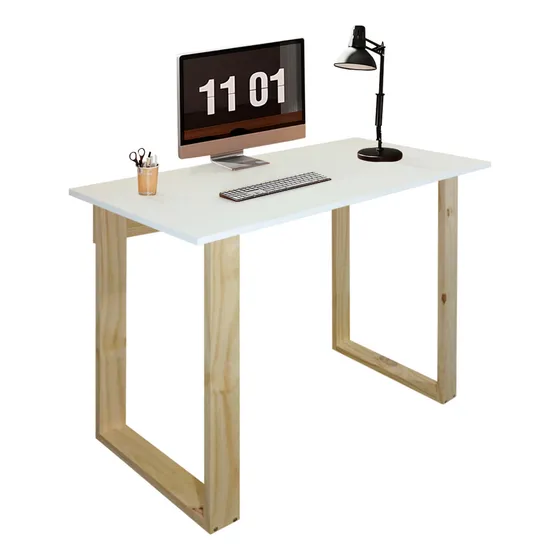 Escritorio Moderno Para Oficina Con Patas Rectangulares Madera Color Natural Y Tapa Melamina Blanca
