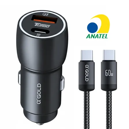 Carregador Veicular Turbo 60w Usb-c Pro Preto + Cabo Duas Portas Usb 3.0 + Usb-c Led Premium Compatível Com iPhone E Android Ios Super Rápido Carros Veículos Carrega 2 Celulares Juntos Premione