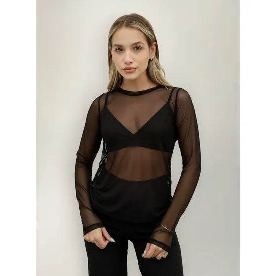 Remera Kori Mujer Tul Manga Larga Fruncido Costados