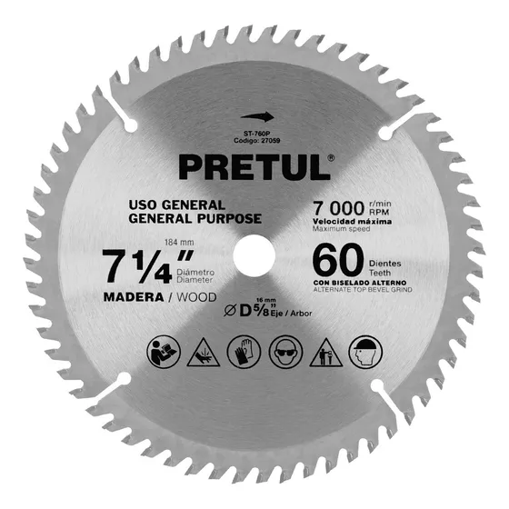 Sierra Circular P/madera 7-1/4'', 60 Dientes, Pretul 27059