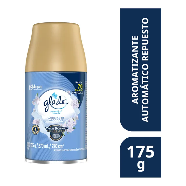 Aromatizante Automático en Aerosol Glade, Frescura Programable para tu Hogar durante Hasta 70 Días, Aroma Caricias de Algodón, Repuesto de 270 ml