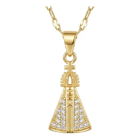 Colar Feminino Pingente Nossa Senhora Cravejado Antialérgico Colar Dourado Ouro 18k 45cm E Pingente Nossa Senhora Cravejado Presente Antialérgico