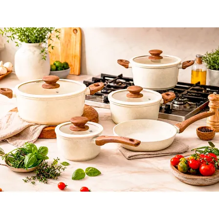 Conjunto De Panelas Antiaderente Indução 5 Peças Ceramica Baunilha