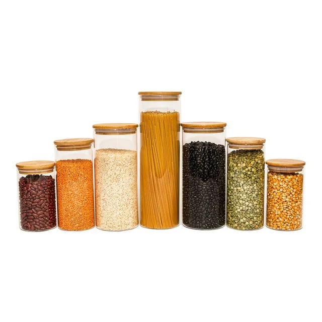 Potes De Vidro P/ Mantimentos C/ Tampa Bambu Oikos - 7 Pçs
