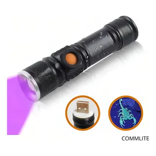 Lanterna Led Uv Luz Negra Potente Para Escorpião Acampamento Aventuras Noturnas Festas Fluorescentes Corpo Reforçado Resistente Nova Compacta Cor Preta Marca Commlite