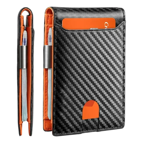 Carteira Masculina Mágica Pequena Slim Antifurto Rfid Luxo Cor Preto Desenho Do Tecido Fibra De Carbono