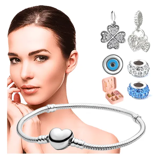 Pulseira Feminina Berloque Folheado A Prata Estilo Pandor