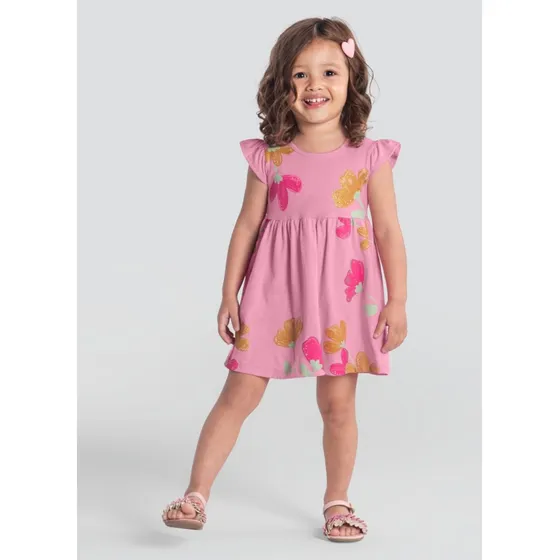 Vestido Infantil Menina Com Flores E Glitter Rosa Brandili