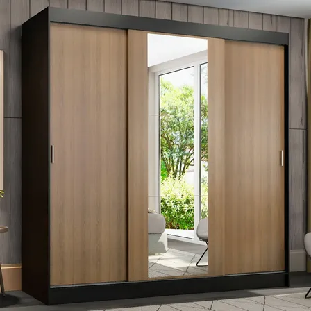 Guarda-roupa Casal Madesa Reno 3 Portas Correr Com Espelho P Cor Preto/Rustic