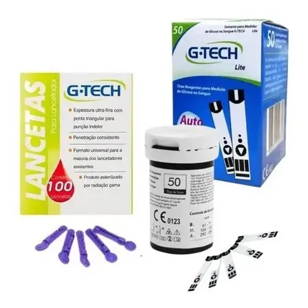 50 Fitas Tiras Reagentes G-Tech Lite Glicemia mais 100 Lancetas