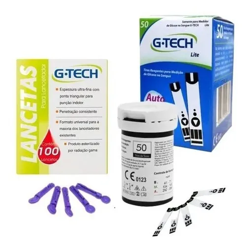 50 Fitas Tiras Reagentes G-Tech Lite Glicemia mais 100 Lancetas