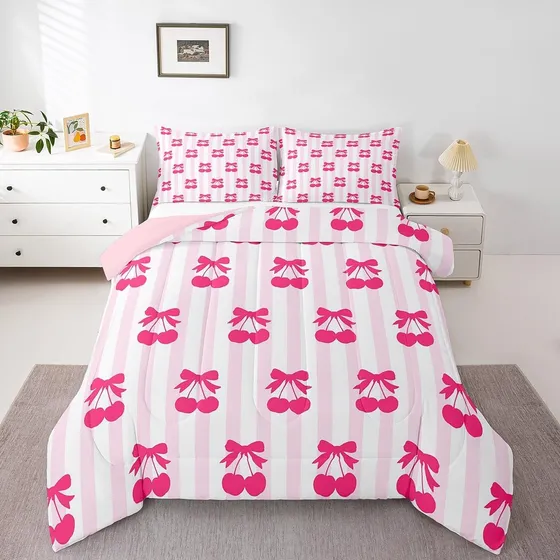 Juego De Cama Feelyou Para Niñas, Estampado De Cereza, 3 Pcs