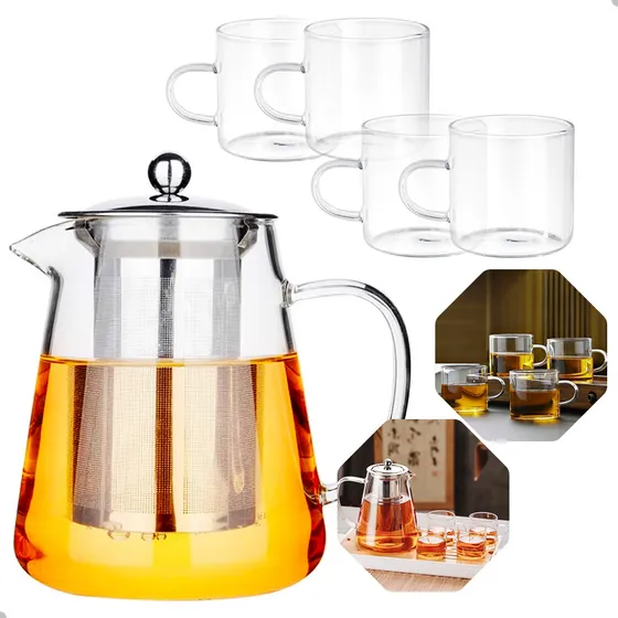 Kit Bule Vidro950ml Vai Ao Fogo+ 4xicara Borossilicato 120ml