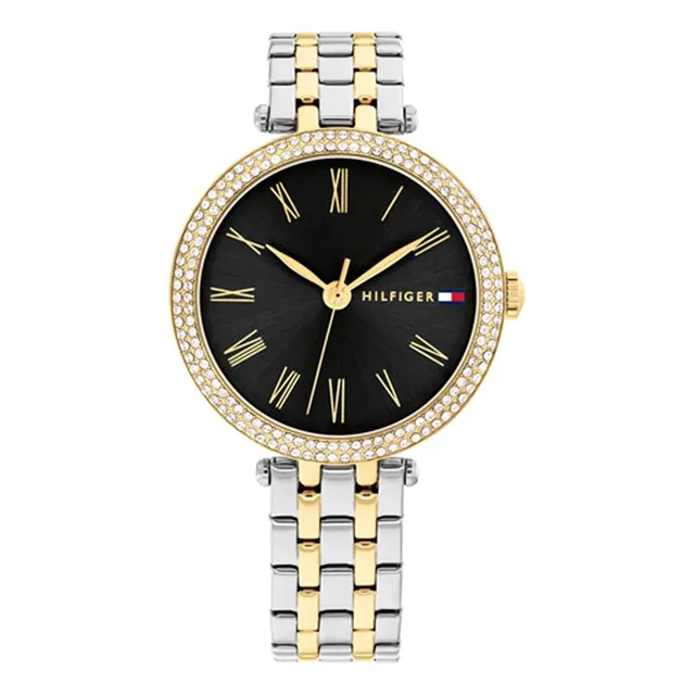 Reloj Tommy Hilfiger Natalie Para Dama 1782720 Correa Gris Bisel Dorado Fondo Negro
