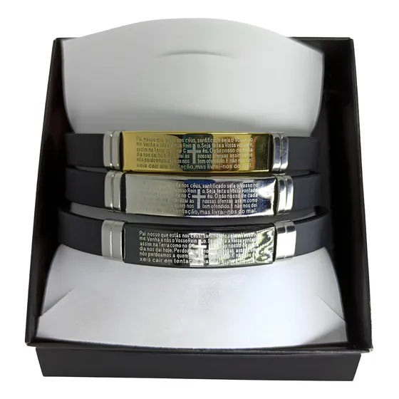 Kit 3 Pulseira Masculina Feminina Unissex Bracelete Prata Prateado Dourada Preta Silicone Aço Inox Inoxidável Cirúrgico Antialérgica Oração Pai Nosso Conjunto Presente com Caixinha de Joia