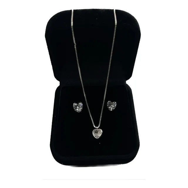 Conjunto Kit Colar Brincos Coração Presente Feminina Prata
