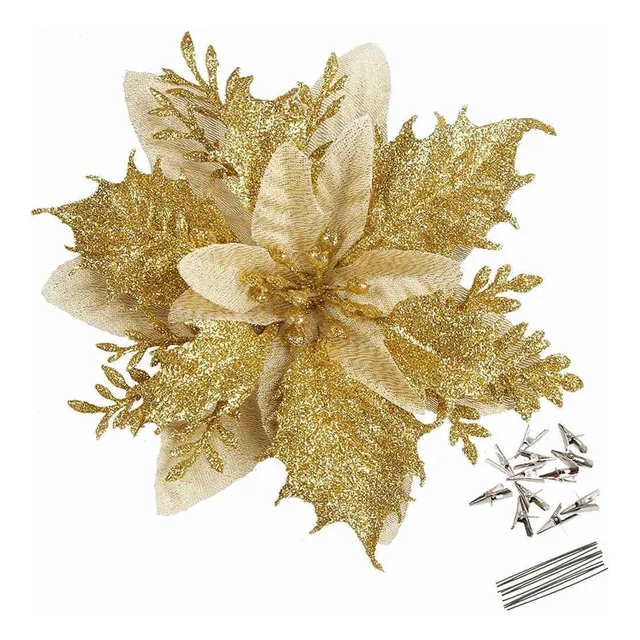 30 Flores Artificiales De Nochebuena Doradas De 14 Cm Para N