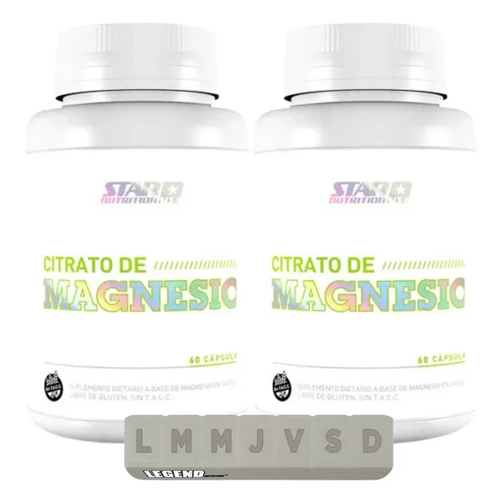 Citrato De Magnesio 500g X2 60 Cápsulas Star Nutrition Sin Sabor + Pastillero Legend Pack Para Energía Y Relajación Muscular