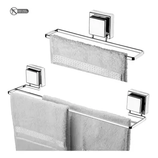 Kit Banheiro Suporte Porta Toalha De Banho Duplo + Porta Toalha De Rosto Fixação Com Ventosa Sem Furos Cromado Future Kit Banheiro Suporte Porta Toalha De Banho Duplo + Porta Toalha De Rosto Fixação Com Ventosa Sem Furos Cromado Future