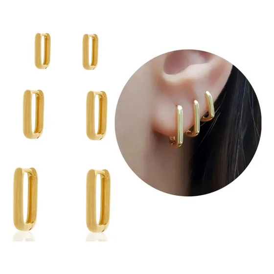 Trio Argola Ouro 18k Retangular Banhado Antialérgico 3 Furos