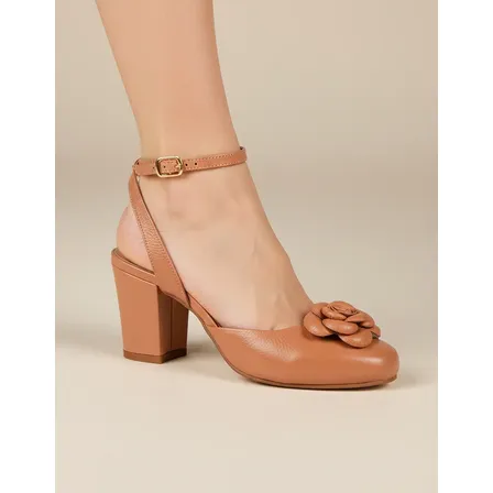 Sapato Feminino Couro Legítimo Flor Delicada Salto Médio