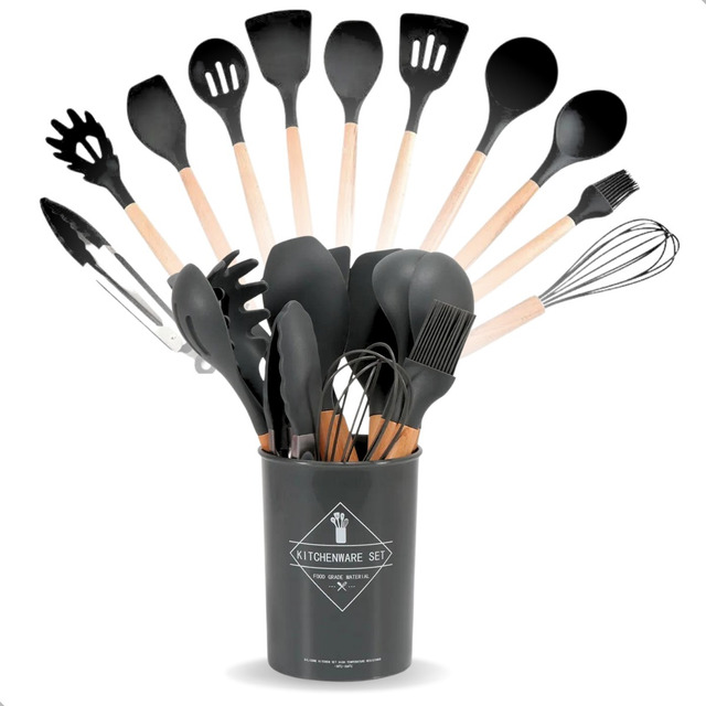 Kit 12 Peças Utensílios Silicone Cabo Madeira Fouet Pegador Kit 12 Peças Utensílios Silicone Cabo Madeira Fouet Pegador