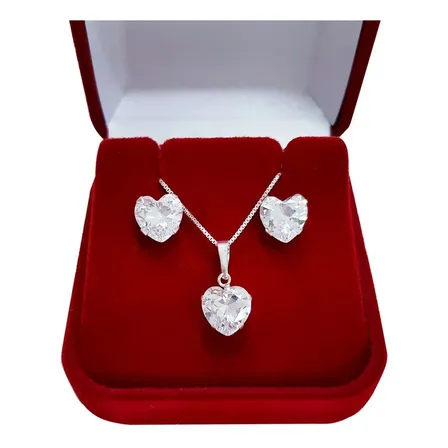 Conjunto Colar E Brincos Coração 8mm Prata 925 Zircônia Mob