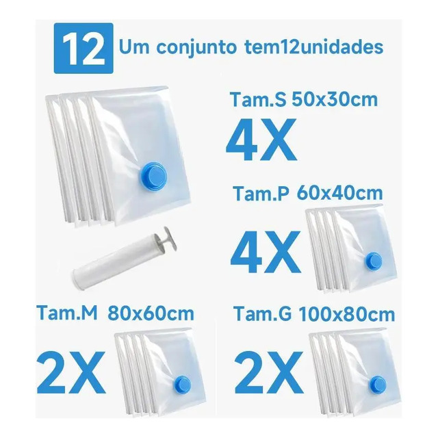 Kit com 12 sacos organizadores a vácuo em quatro tamanhos diferentes acompanhados de uma bomba de sucção manual para roupas e casacos