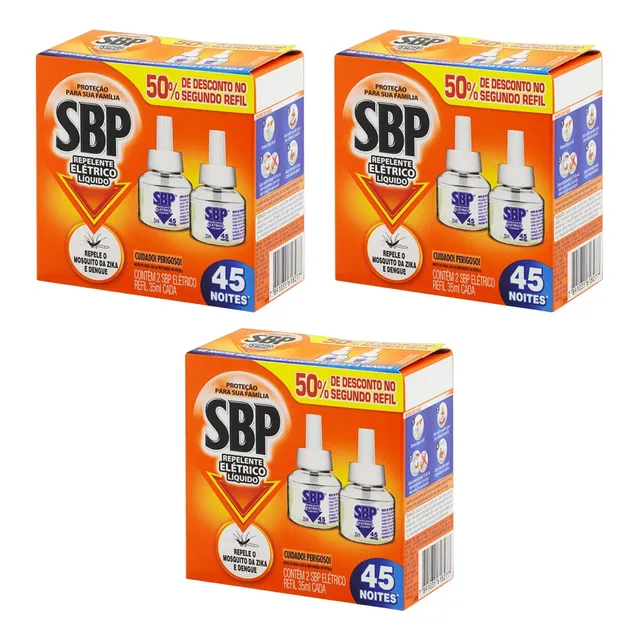 Kit 3 Caixas Refil Sbp Repelente Elétrico Líquido 45 Noites 