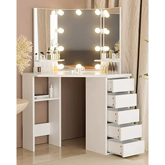Vanity Corner Con Espejo Iluminado Y Cajones Para Maquillaje