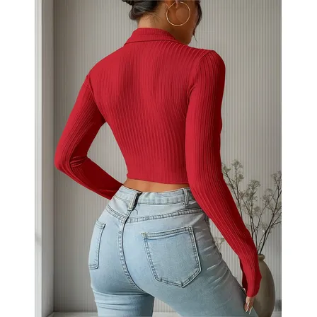 Crop Top Cuello Polo - Pique V Con Botón Manga Larga