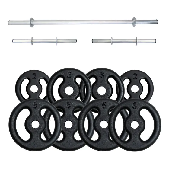 Kit Anilhas 30kg + 2 Barras 40cm + 1 Barra 120cm Reta