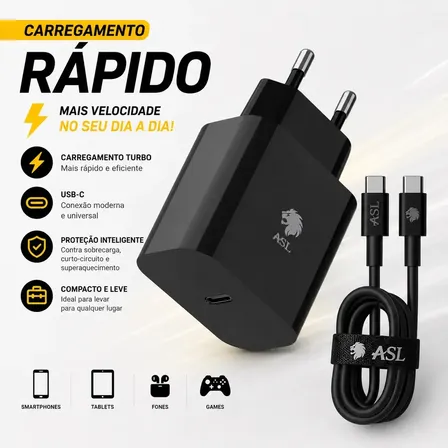Carregador de Parede ASL Turbo USB-C para Samsung, iPhone e Xiaomi