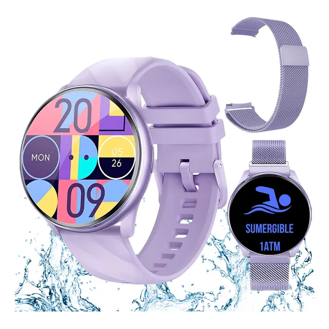 Reloj Inteligente Sumergible Smartbit W1 Pro Violeta Smartwatch Resistente Al Agua Redondo Elegante Llamadas Mensajes Deportivo Compatible Con Android E Ios Bluetooth Digital Doble Malla