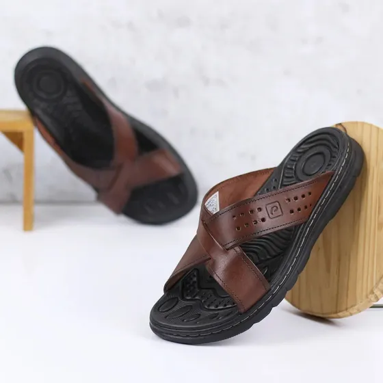 Chinelo Masculino De Couro Casual Pegada Com Tiras Cruzadas