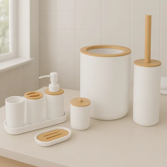 Set De Accesorios De Baño Jazak / 8 Piezas / Bambú / Estilo Nórdico / Dispenser Jabón / Jabonera / Bandeja / Vaso Portacepillos / 2 Vasos Multiuso / Cesto De Basura / Escobilla De Limpieza